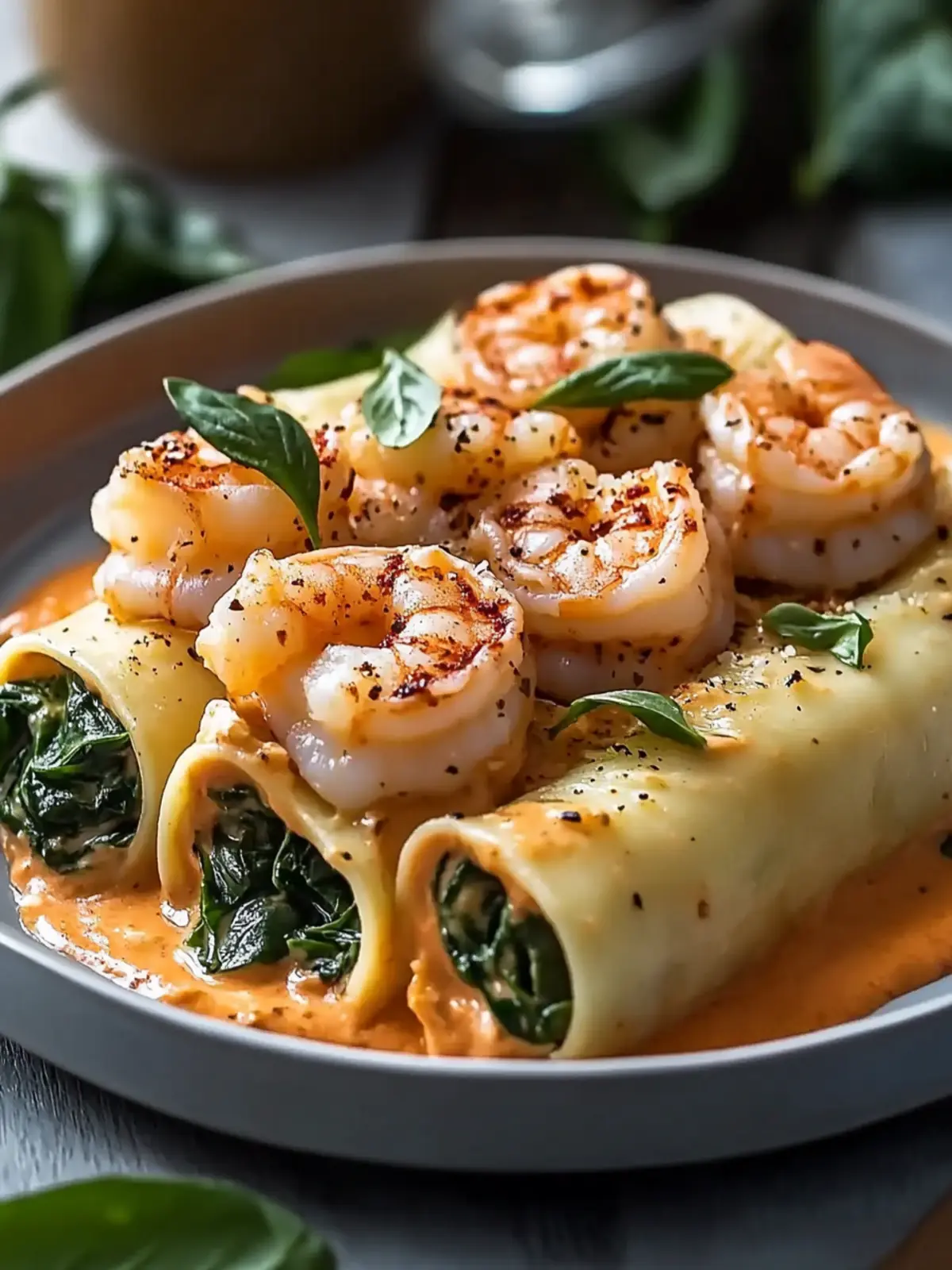 Shrimp and Spinach Stuffed Pasta Rolls with Roasted Red Pepper Cream: An Incredible 7-Step Recipe