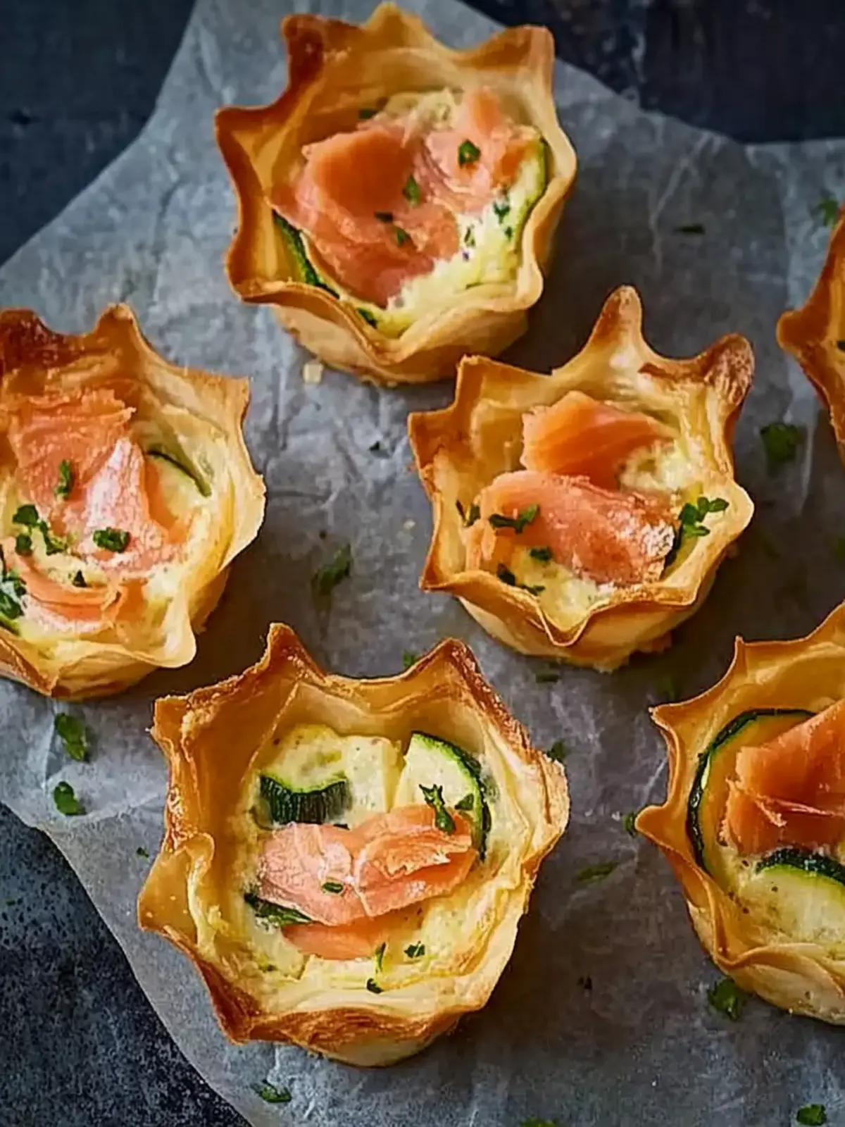 Mini quiches with salmon and courgettes