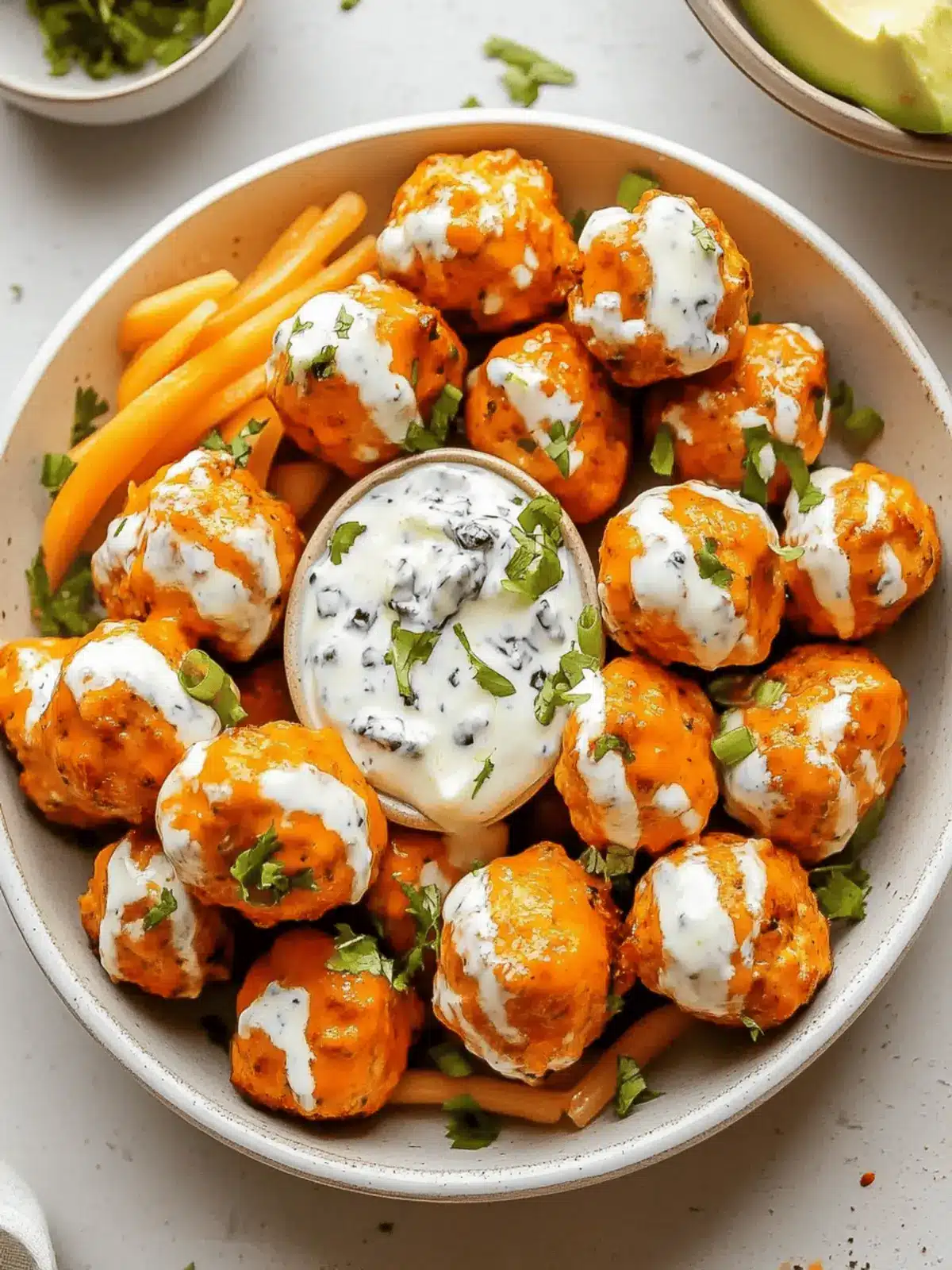 Buffalo Chicken Meatballs with Bleu Cheese Yogurt Dip