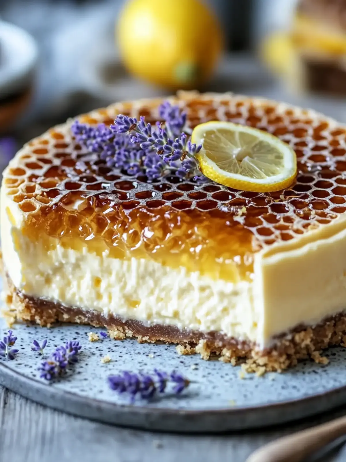 Ultimate Lemon Lavender Cheesecake with Honeycomb Bliss 2 Ultimate Lemon Lavender Cheesecake Topped with Honeycomb: A Culinary Masterpiece