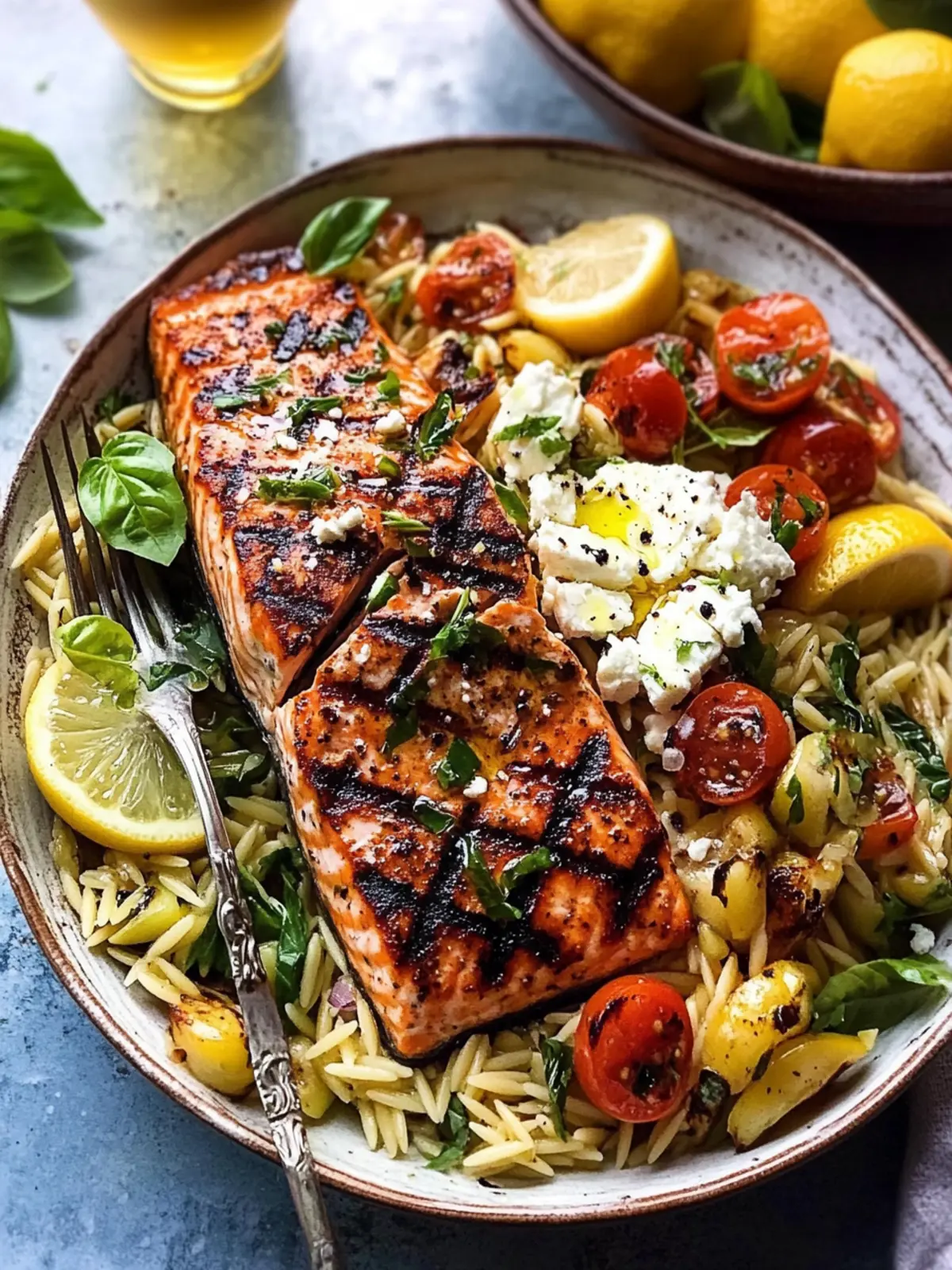 Savor Greek Salmon with Lemon Feta and Orzo Summer Salad 2 Greek Salmon with Lemon Feta and Orzo Summer Salad