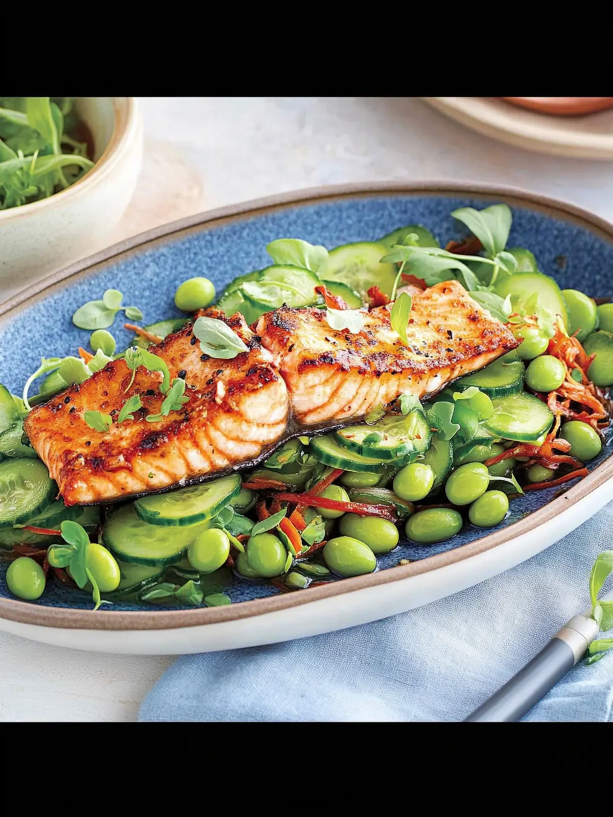 Edamame and Cucumber Salad with Fried Salmon in 30 Minutes 3 Edamame and cucumber salad with fried salmon