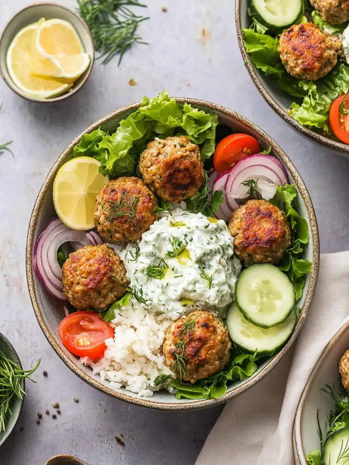 Greek Chicken Meatball Bowls with Tzatziki for Happy Meals 4 Greek Chicken Meatball Bowls with Tzatziki