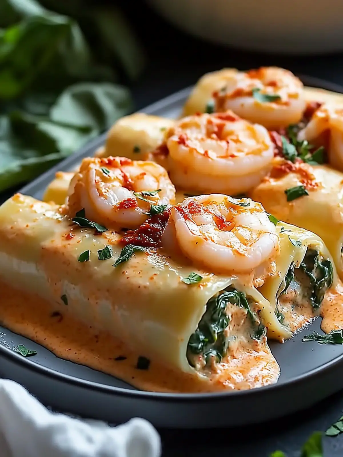 Shrimp and Spinach Stuffed Pasta Rolls with Roasted Red Pepper Cream: An Incredible 7-Step Recipe