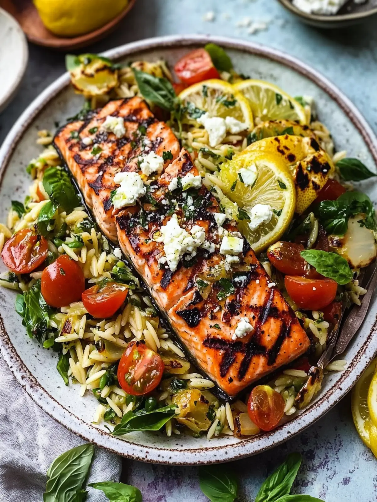 Savor Greek Salmon with Lemon Feta and Orzo Summer Salad 4 Greek Salmon with Lemon Feta and Orzo Summer Salad