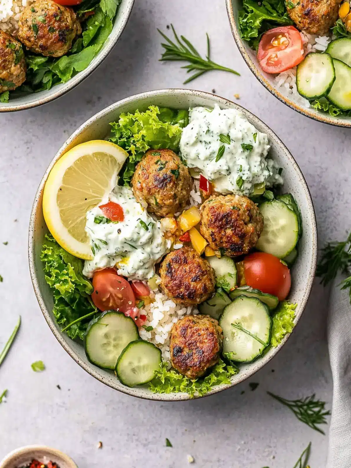 Greek Chicken Meatball Bowls with Tzatziki for Happy Meals 3 Greek Chicken Meatball Bowls with Tzatziki