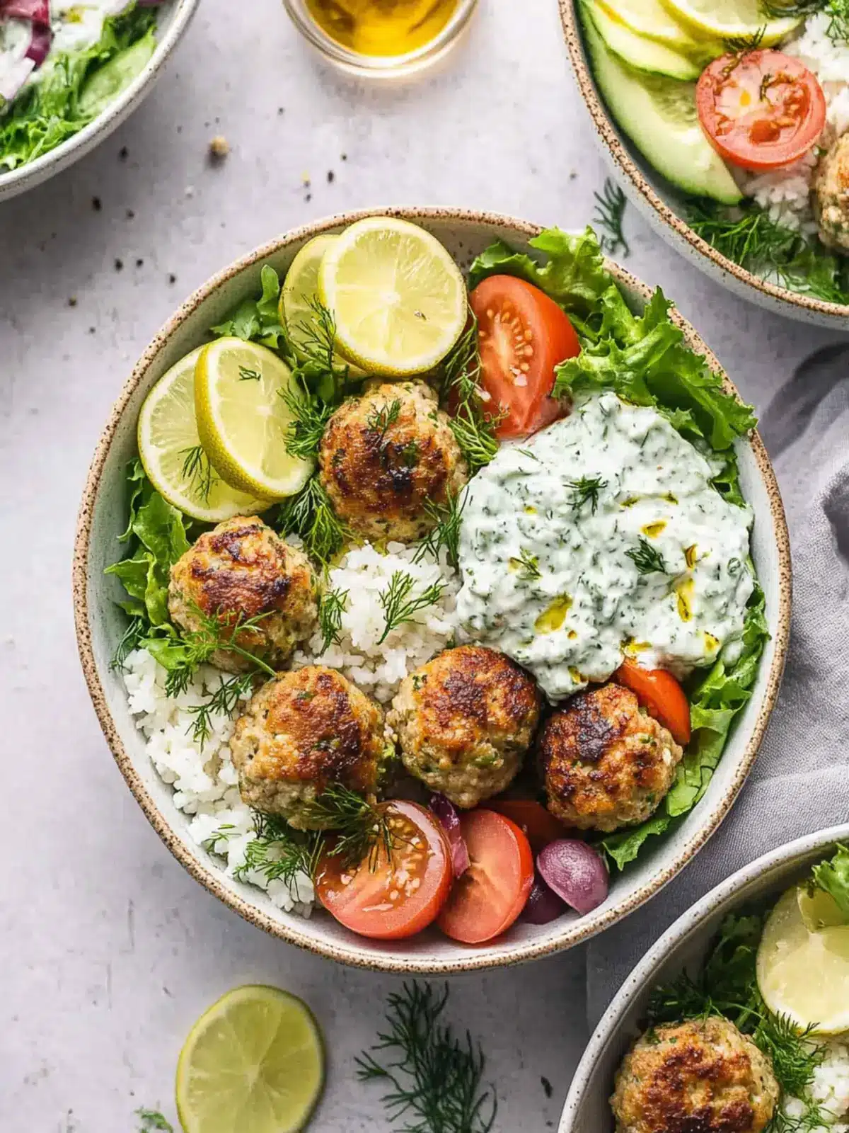 Greek Chicken Meatball Bowls with Tzatziki for Happy Meals 2 Greek Chicken Meatball Bowls with Tzatziki
