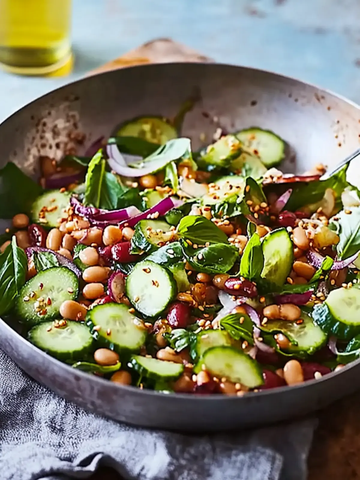Warm tiger bean salad with cucumber and Asian dressing