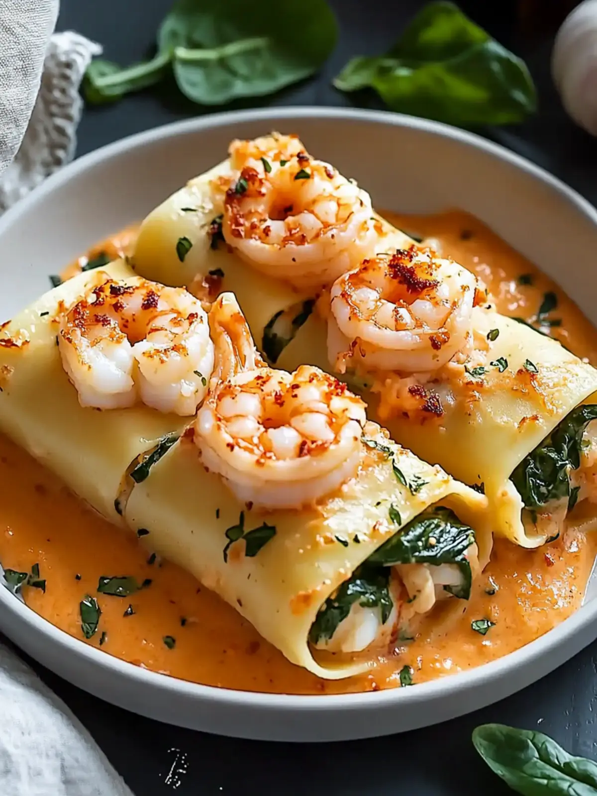 Shrimp and Spinach Stuffed Pasta Rolls with Roasted Red Pepper Cream: An Incredible 7-Step Recipe