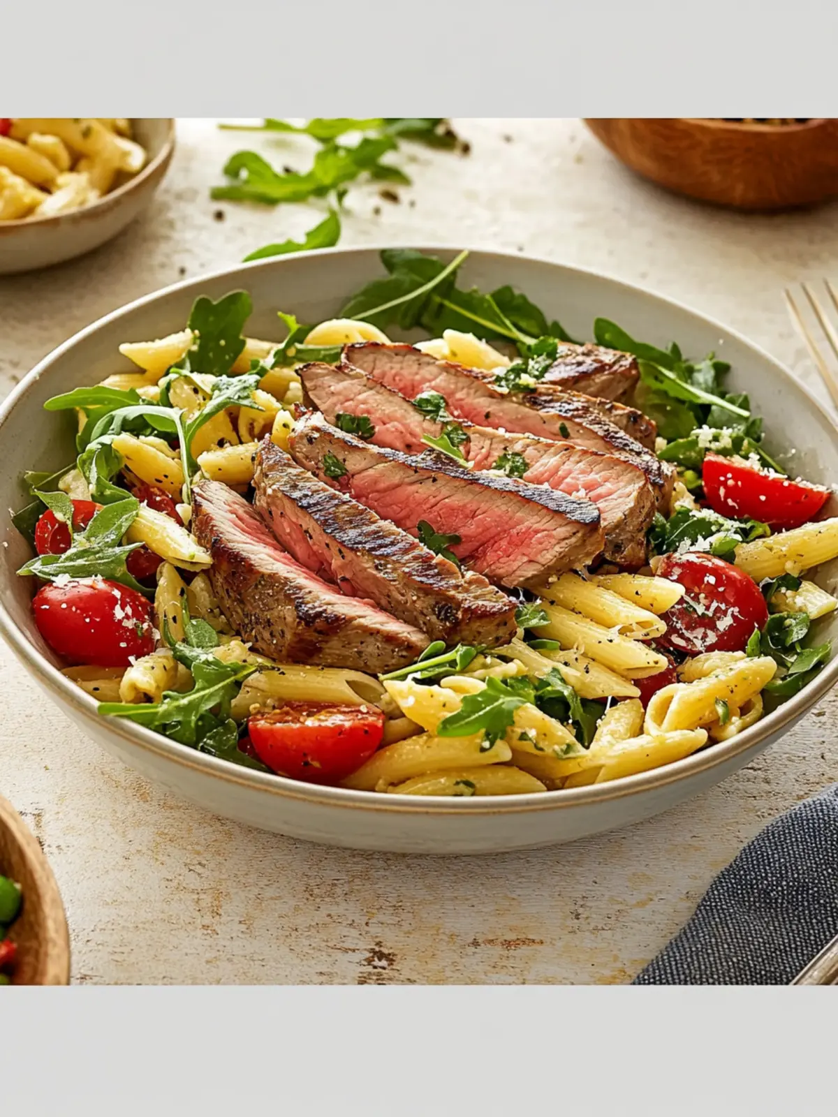 Neck steaks with Mediterranean pasta salad and arugula