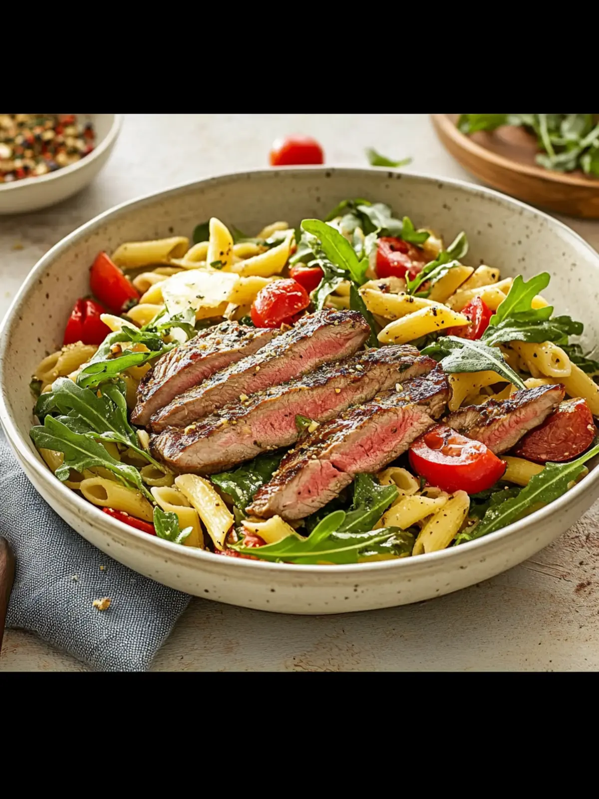 Neck steaks with Mediterranean pasta salad and arugula