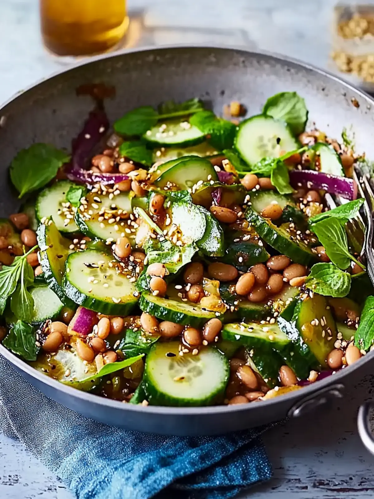 Warm tiger bean salad with cucumber and Asian dressing