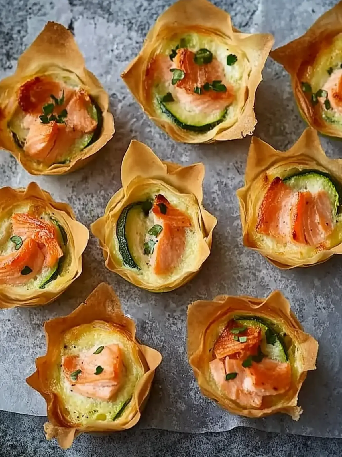 Mini quiches with salmon and courgettes