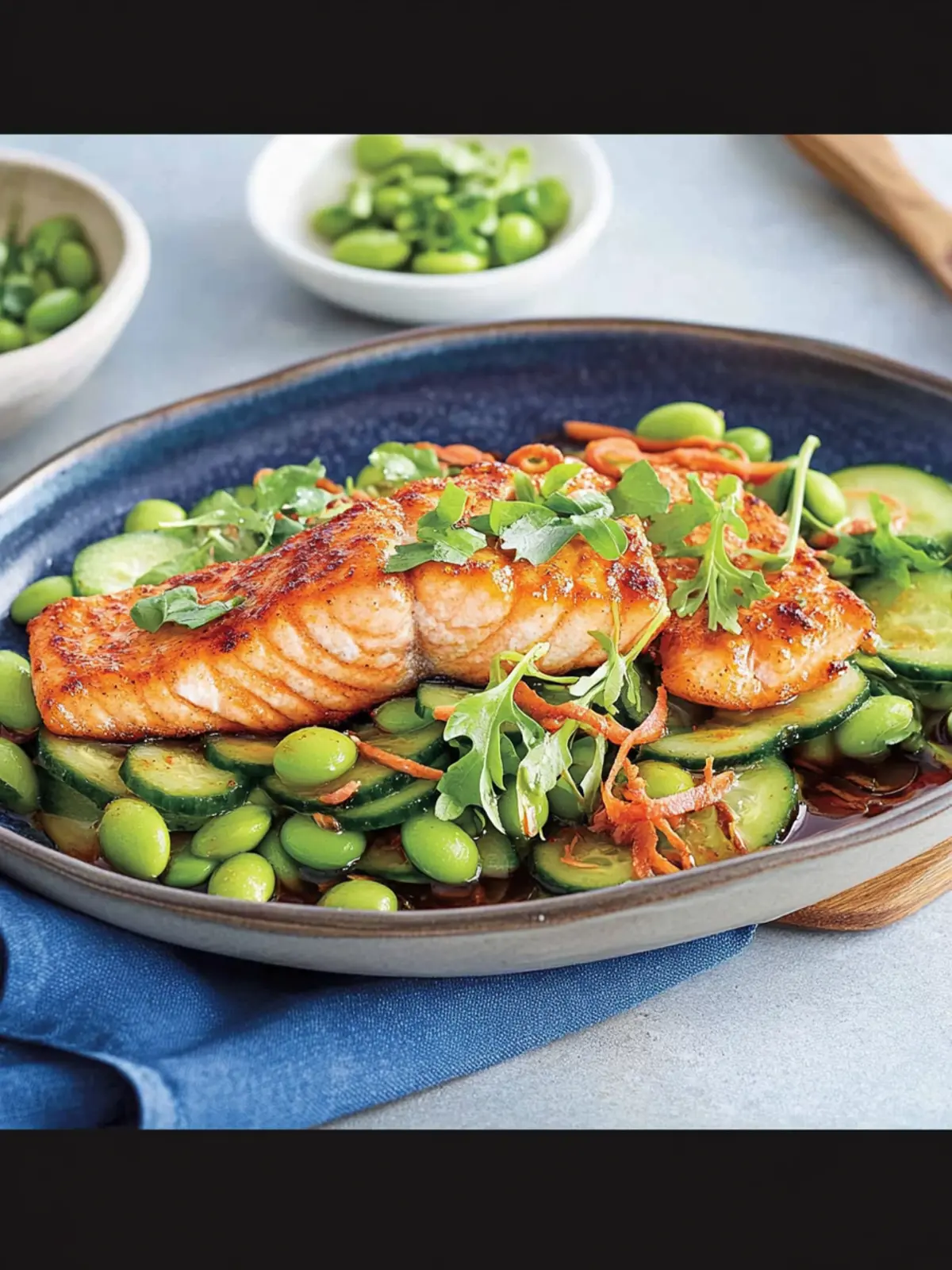 Edamame and Cucumber Salad with Fried Salmon in 30 Minutes 2 Edamame and cucumber salad with fried salmon