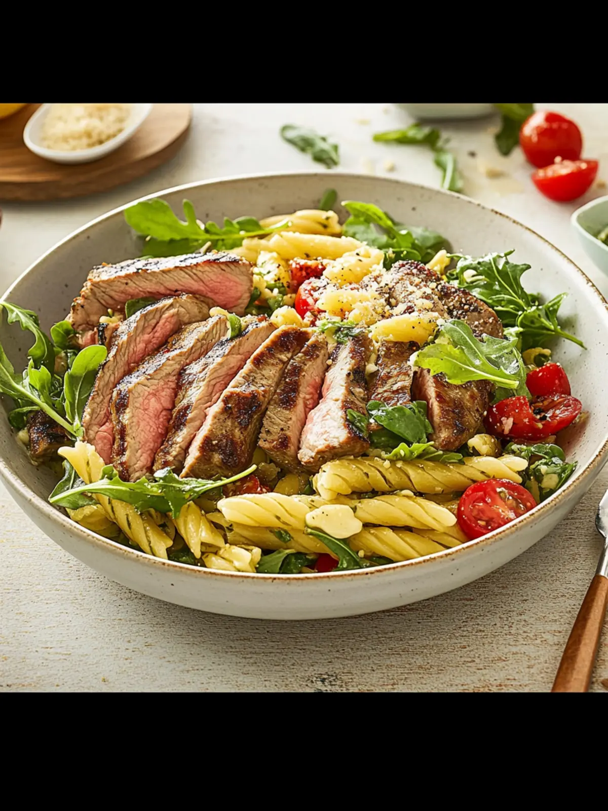 Neck steaks with Mediterranean pasta salad and arugula