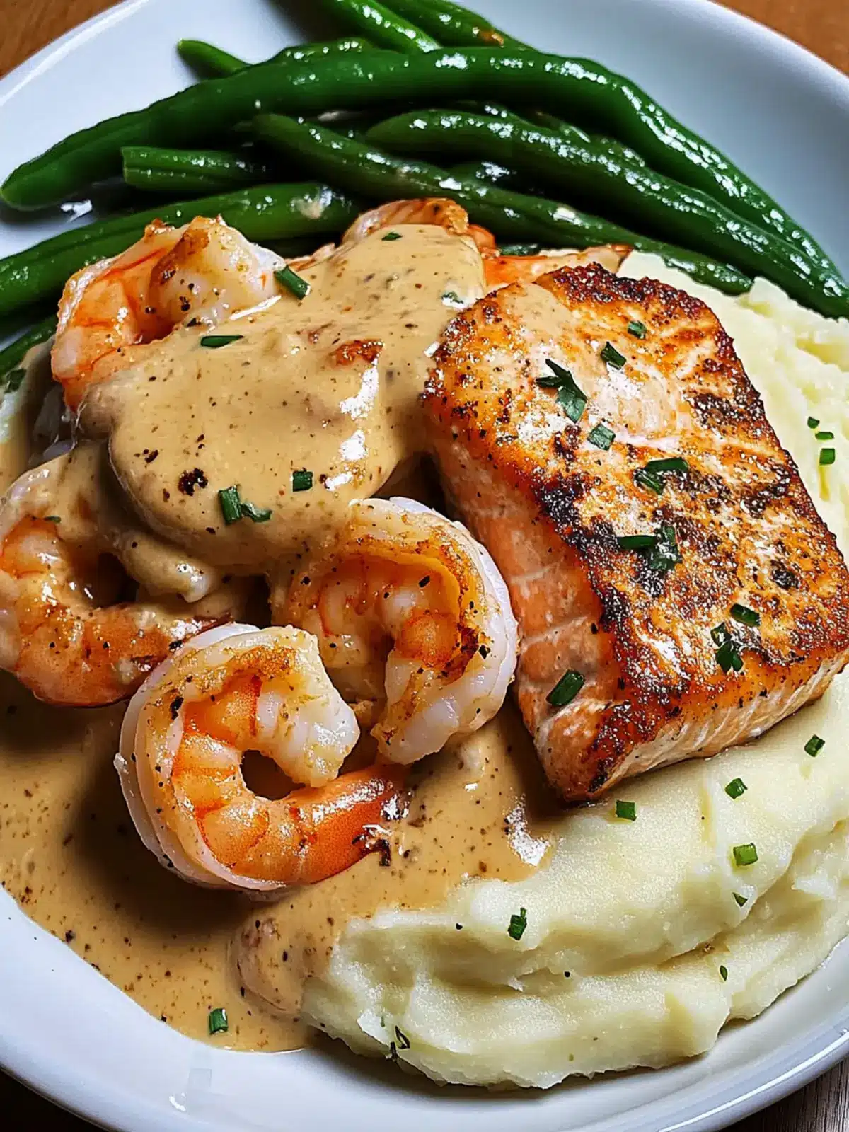Cajun Shrimp and Salmon with Garlic Cream Sauce, Mashed Potatoes, and Green Beans: A Flavor-Packed Dinner to Impress