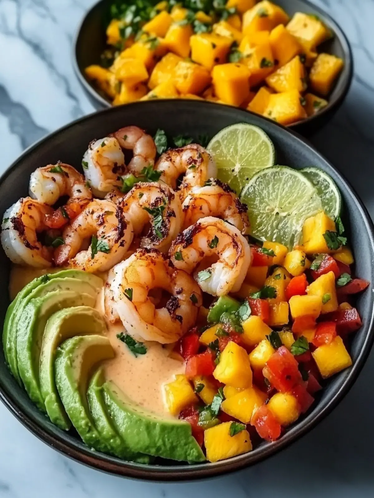 Shrimp and Avocado Bowls with Mango Salsa & Lime-Chili Sauce