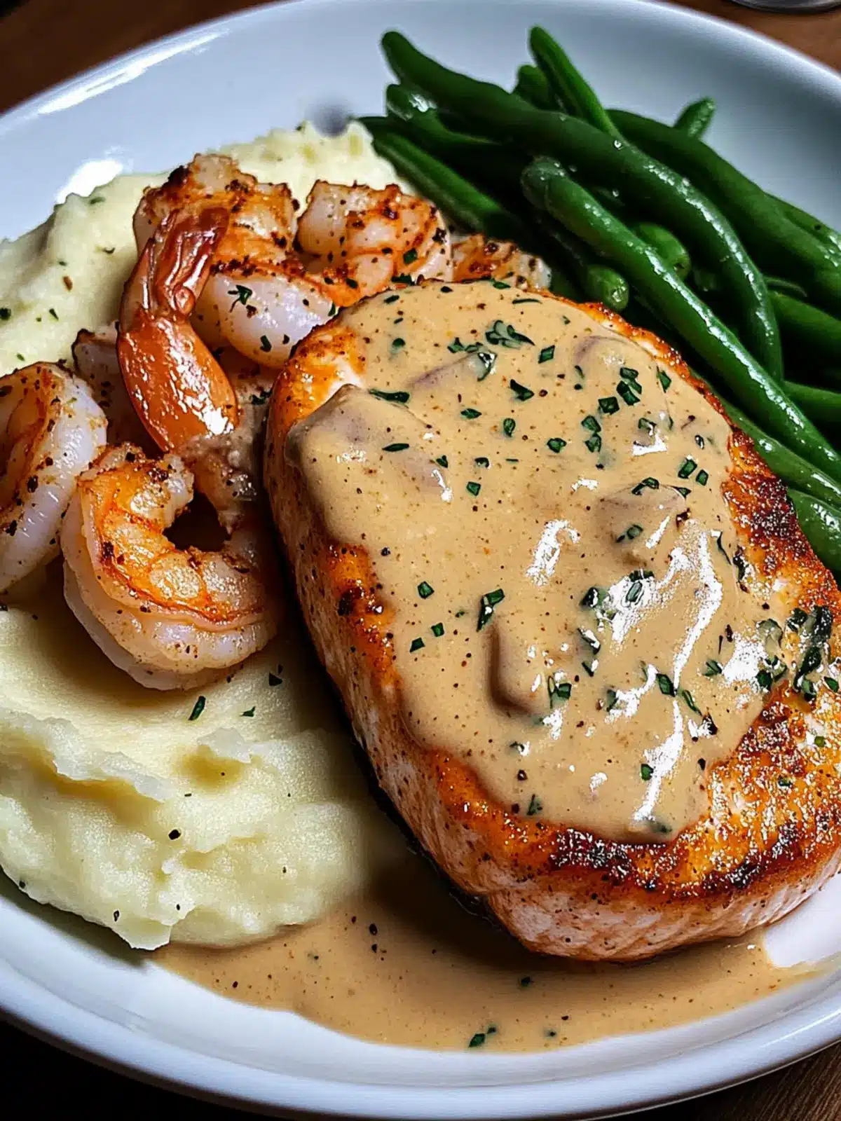 Cajun Shrimp and Salmon with Garlic Cream Sauce, Mashed Potatoes, and Green Beans: A Flavor-Packed Dinner to Impress