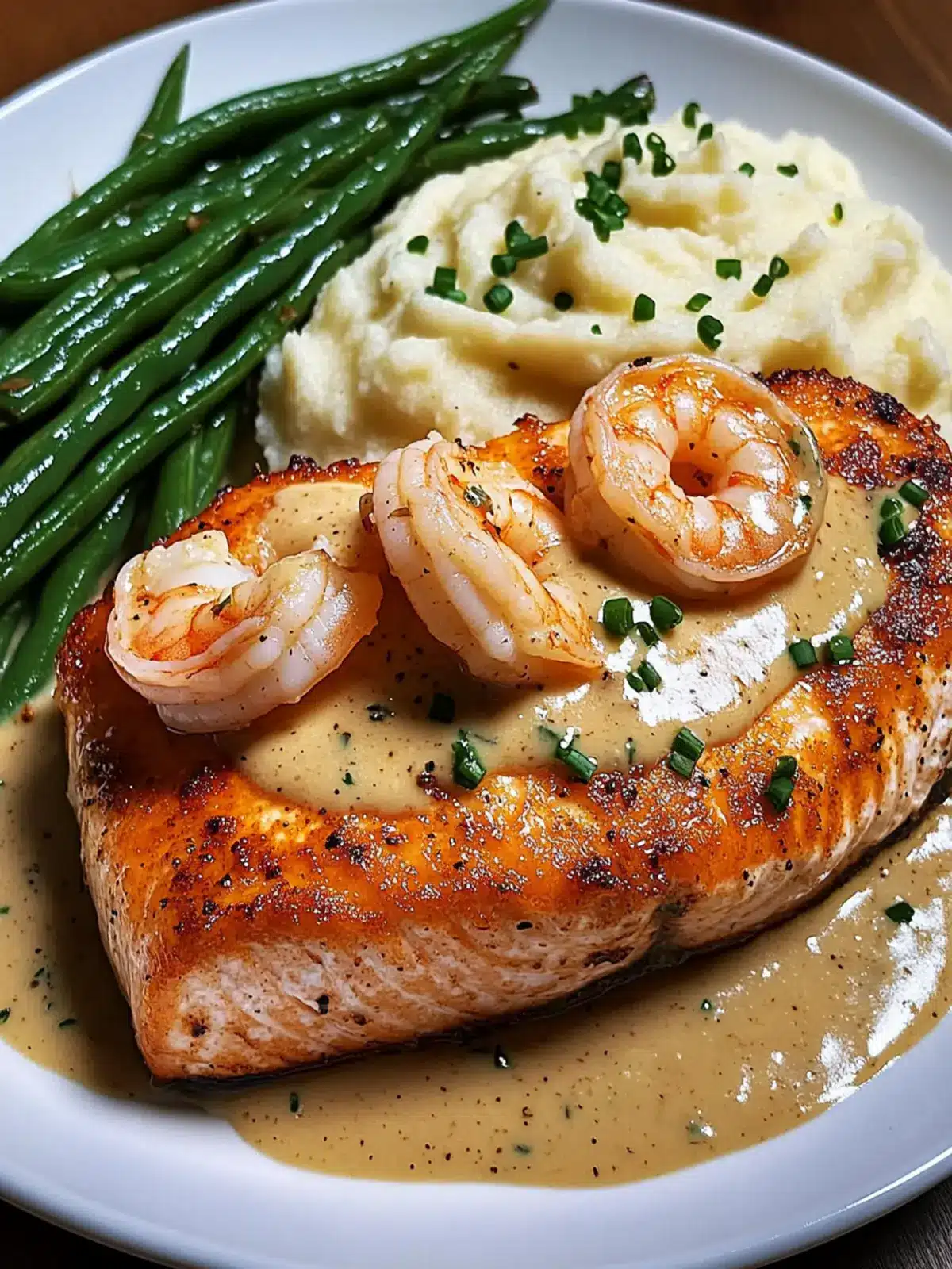 Cajun Shrimp and Salmon with Garlic Cream Sauce, Mashed Potatoes, and Green Beans: A Flavor-Packed Dinner to Impress